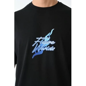 Unisex Bisiklet Yaka Baskılı Oversize T-Shirt - Siyah