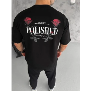Unisex Bisiklet Yaka Baskılı Oversize T-Shirt - Siyah