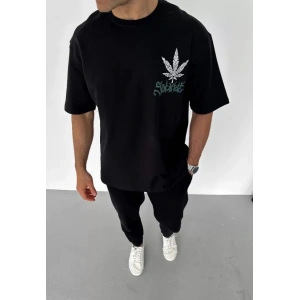 Unisex Bisiklet Yaka Baskılı Oversize T-Shirt - Siyah