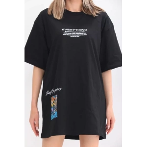 Unisex Bisiklet Yaka Baskılı Oversize T-Shirt - Siyah