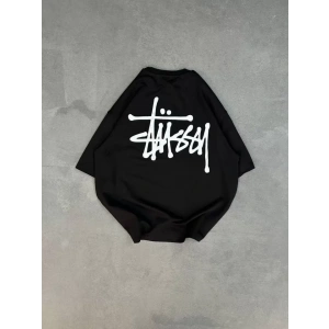 Unisex Bisiklet Yaka Baskılı Oversize T-Shirt - Siyah