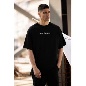 Unisex Bisiklet Yaka Baskılı Oversize T-Shirt - Siyah