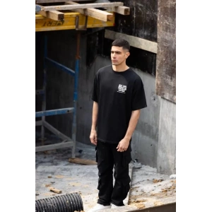 Unisex Bisiklet Yaka Baskılı Oversize T-Shirt - Siyah