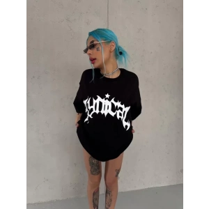 Unisex Bisiklet Yaka Baskılı Oversize T-Shirt - Siyah