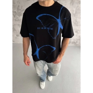 Unisex Bisiklet Yaka Baskılı Oversize T-Shirt - Siyah