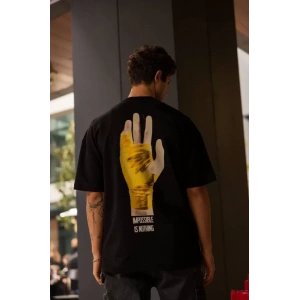 Unisex Bisiklet Yaka Baskılı Oversize T-Shirt - Siyah