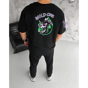 Unisex Bisiklet Yaka Baskılı Oversize T-Shirt - Siyah