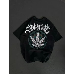 Unisex Bisiklet Yaka Baskılı Oversize T-Shirt - Siyah