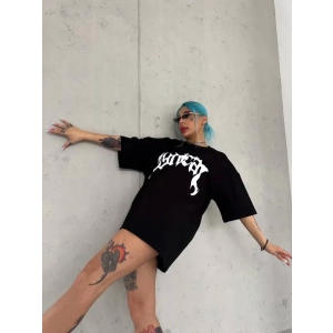 Unisex Bisiklet Yaka Baskılı Oversize T-Shirt - Siyah