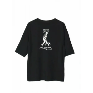 Unisex Bisiklet Yaka Baskılı Oversize T-Shirt - Siyah