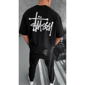Unisex Bisiklet Yaka Baskılı Oversize T-Shirt - Siyah