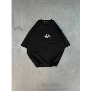 Unisex Bisiklet Yaka Baskılı Oversize T-Shirt - Siyah