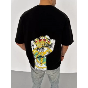 Unisex Bisiklet Yaka Baskılı Oversize T-Shirt - Siyah