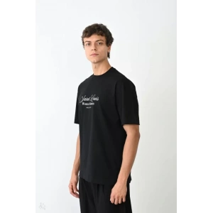 Unisex Bisiklet Yaka Baskılı Oversize T-Shirt - Siyah