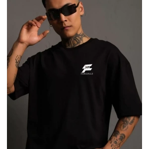 Unisex Bisiklet Yaka Baskılı Oversize T-Shirt - Siyah
