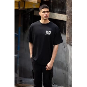 Unisex Bisiklet Yaka Baskılı Oversize T-Shirt - Siyah