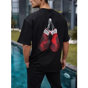 Unisex Bisiklet Yaka Baskılı Oversize T-Shirt - Siyah