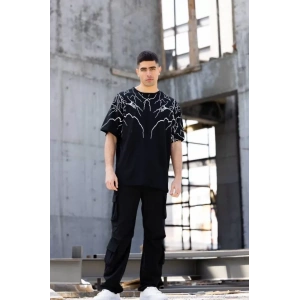 Unisex Bisiklet Yaka Baskılı Oversize T-Shirt - Siyah