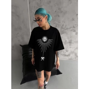 Unisex Bisiklet Yaka Baskılı Oversize T-Shirt - Siyah