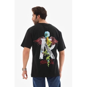 Unisex Bisiklet Yaka Baskılı Oversize T-Shirt - Siyah