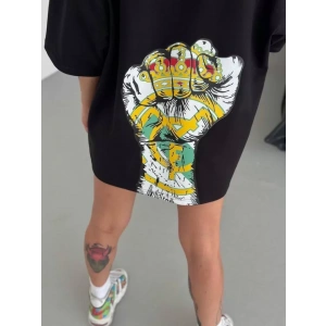 Unisex Bisiklet Yaka Baskılı Oversize T-Shirt - Siyah