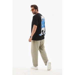 Unisex Bisiklet Yaka Baskılı Oversize T-Shirt - Siyah