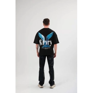 Unisex Bisiklet Yaka Baskılı Oversize T-Shirt - Siyah
