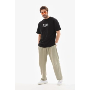 Unisex Bisiklet Yaka Baskılı Oversize T-Shirt - Siyah