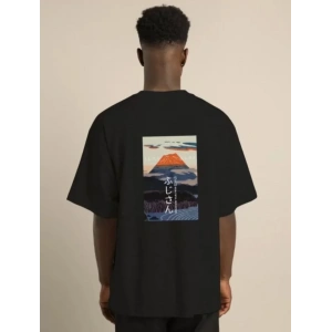 Unisex Bisiklet Yaka Baskılı Oversize T-Shirt - Siyah