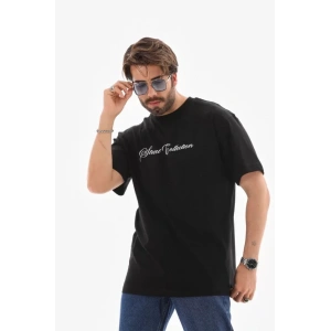 Unisex Bisiklet Yaka Baskılı Oversize T-Shirt - Siyah