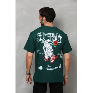 Unisex Bisiklet Yaka Baskılı Oversize T-Shirt - Yeşil