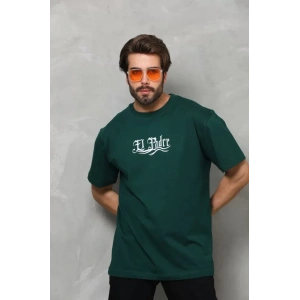 Unisex Bisiklet Yaka Baskılı Oversize T-Shirt - Yeşil