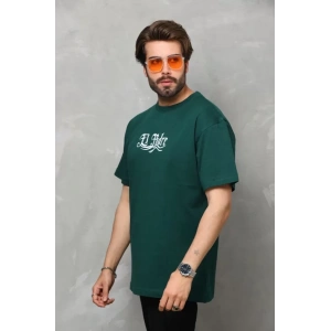 Unisex Bisiklet Yaka Baskılı Oversize T-Shirt - Yeşil