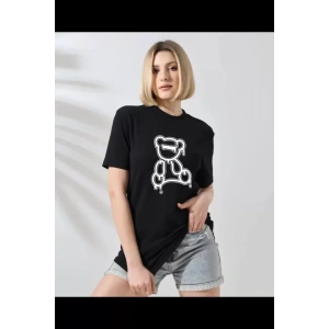 Unisex Bisiklet Yaka Baskılı T-Shirt - Siyah