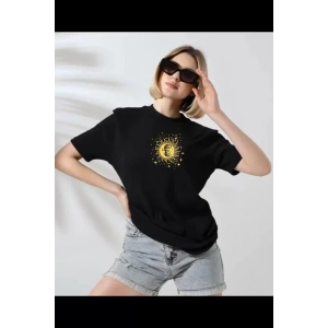 Unisex Bisiklet Yaka Baskılı T-Shirt - Siyah