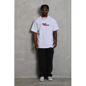 Unisex Bisiklet Yaka Double Oversize Baskılı T-Shirt - Beyaz