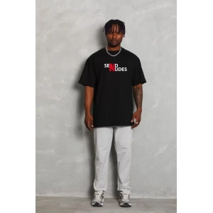 Unisex Bisiklet Yaka Double Oversize Baskılı T-Shirt - Siyah