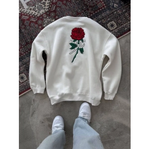 Unisex Bisiklet Yaka Ön Ve Arka Baskılı SweatShirt - Beyaz