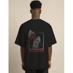 Unisex Bisiklet Yaka Oversize Baskılı T-Shirt - Siyah