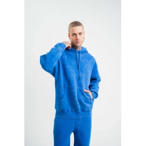 Unisex Double Oversize Kapşonlu Yıkamalı SweatShirt - Mavi