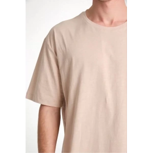 Unisex Düz Biskilet Yaka Oversize T-shirt - Bej