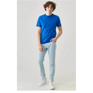 Unisex Düz Biskilet Yaka Oversize T-shirt - Mavi
