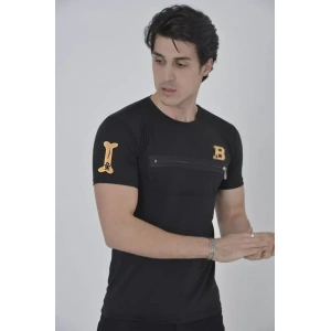 Unisex Göğüs Fermuarlı Baskılı T-Shirt - Siyah