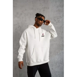 Unisex Kapşonlu Baskılı Sweetshirt - Beyaz