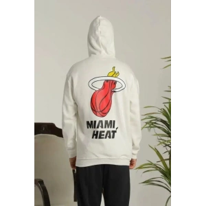 Unisex Kapşonlu Baskılı Sweetshirt - Beyaz