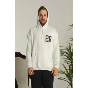 Unisex Kapşonlu Baskılı Sweetshirt - Beyaz