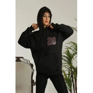 Unisex Kapşonlu Baskılı Sweetshirt - Siyah