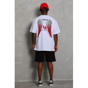 Unisex Oversize Baskılı Bisiklet Yaka T-Shirt - Beyaz