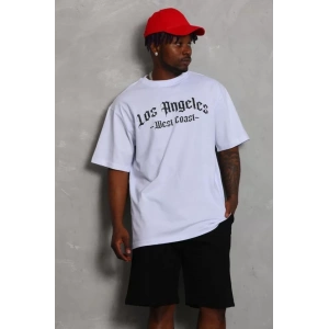 Unisex Oversize Baskılı Bisiklet Yaka T-Shirt - Beyaz