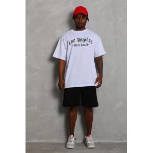Unisex Oversize Baskılı Bisiklet Yaka T-Shirt - Beyaz